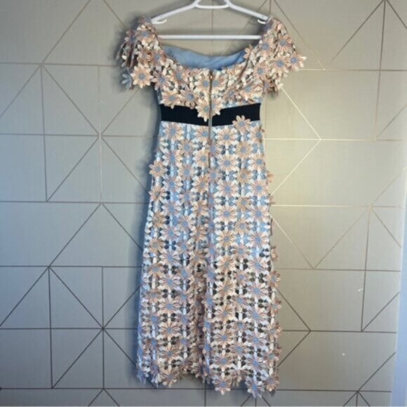 Self-Portrait 3D Floral Guipure Lace Off-Shoulder Midi Dress Pink Blue - Picture 3 of 11